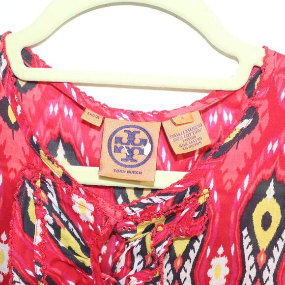 Tory Burch Red Multicolor Ikat Print Sleeveless Blouse Sz 2 - Picture 4 of 10